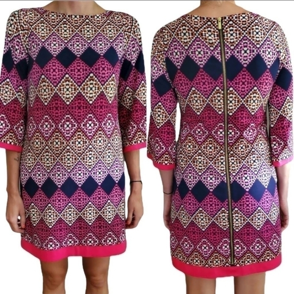 TRIBAL WOMEN'S SHIFT 3/4 SLEEVES AZTEC COLORFUL DESIGN LINED DRESS SIZE LARGE - Picture 1 of 9